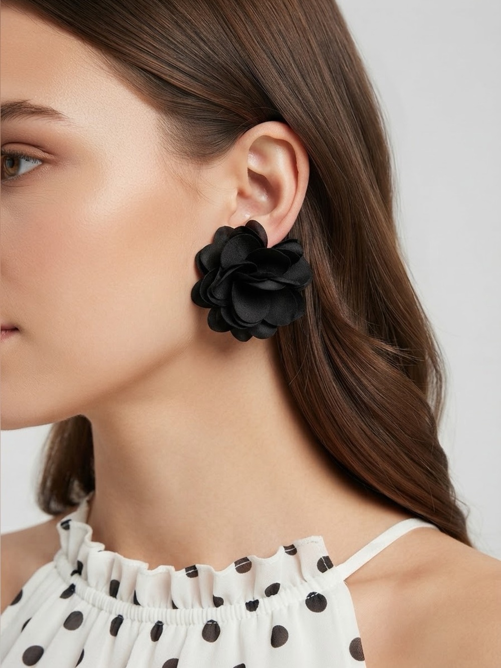 Oversized Black Fabric Flower Stud Earrings | 3D Floral Statement Earrings